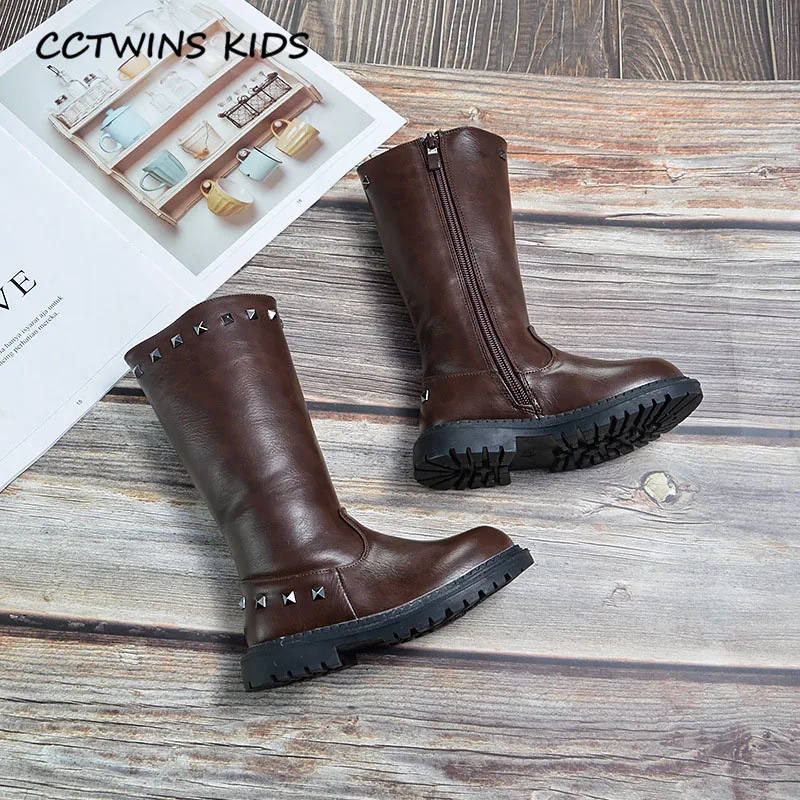 Thin Brown CCTWINS/детская обувь; коллекция года; зимние детские брендовые ботинки; детская теплая обувь из искусственной кожи; модные сапоги до колена для девочек; HB073 - Цвет: Thin Brown