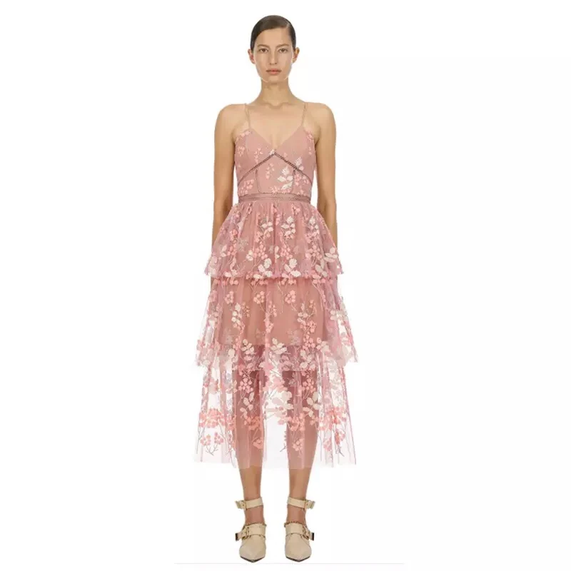 

Подиумное длинное летнее женское платье без рукавов, розовые сетчатые вечерние платья с цветочной вышивкой, сексуальное платье