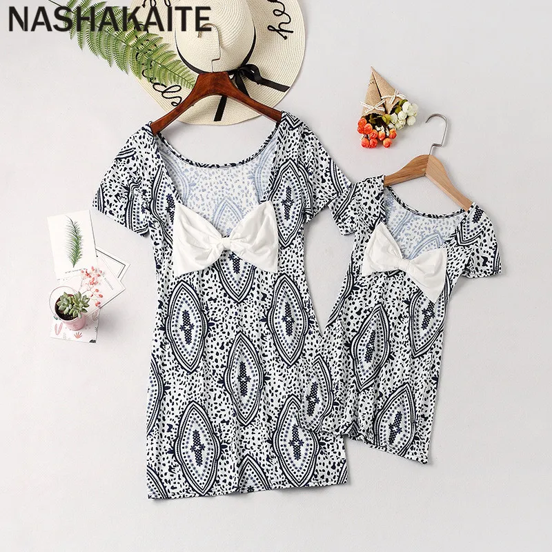 Deep Blue NASHAKAITE/платья для мамы и дочки мини-платье с тотемным принтом и бантом Одинаковая одежда для мамы и дочки платья для мамы и дочки - Цвет: Deep Blue
