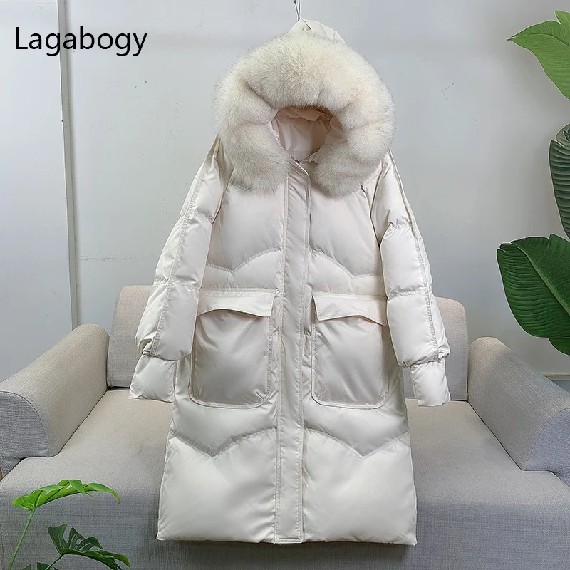 

Lagabogy 2021 Winter 90% White Duck Down Coat Women Large Real Fox Fur Long Parkas Hooded Thick Puffer Jacket Loose Snow Outwear