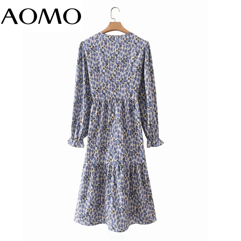 

AOMO 2021 Autumn Fashion Women Flowers Print Tunic Dress V Neck Long Sleeve Office Ladies Midi Dress 3F12A