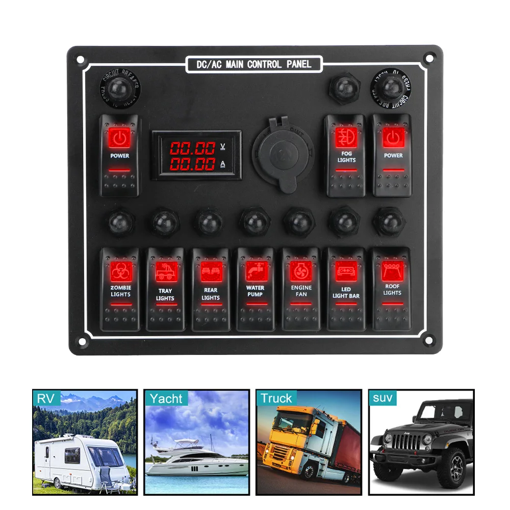 

10 Gang Rocker Switch Panel 15A DC Output Overload Protection Dual Power Control LED AC/DC Waterproof Car Auto Marine