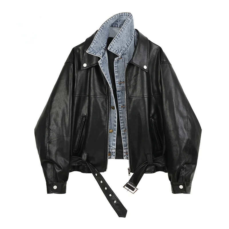 

Street Stitching Denim PU Leather Jacket Women Fall 2021 New Lapel Zipper Long-Sleeved Short Leather Jacket