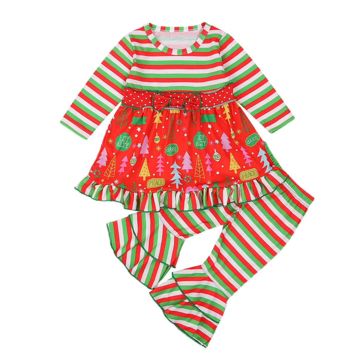 2 шт. полосатая блузка с принтом ёлки и расклешенные брюки|Комплекты одежды для