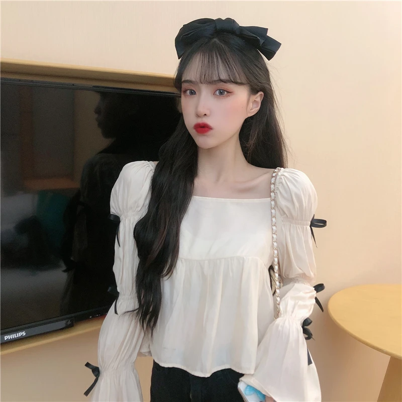 

new square collar bow long sleeve Blouses autumn Korean apricot kawaii sweet style Shirts Women's Clothing fashion crop tops