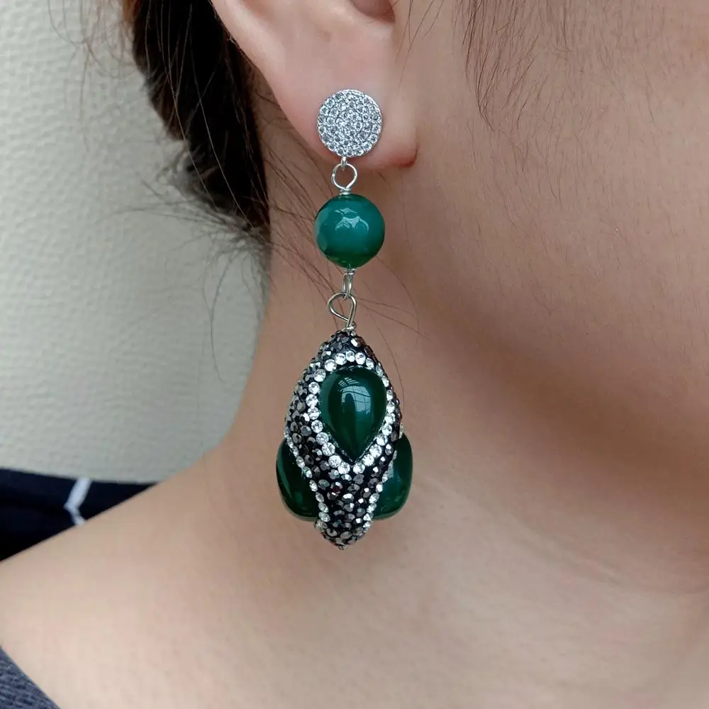 

YYING Handmade Green Agate Black Rhinestone Pave Dangle Stud Earrings For women