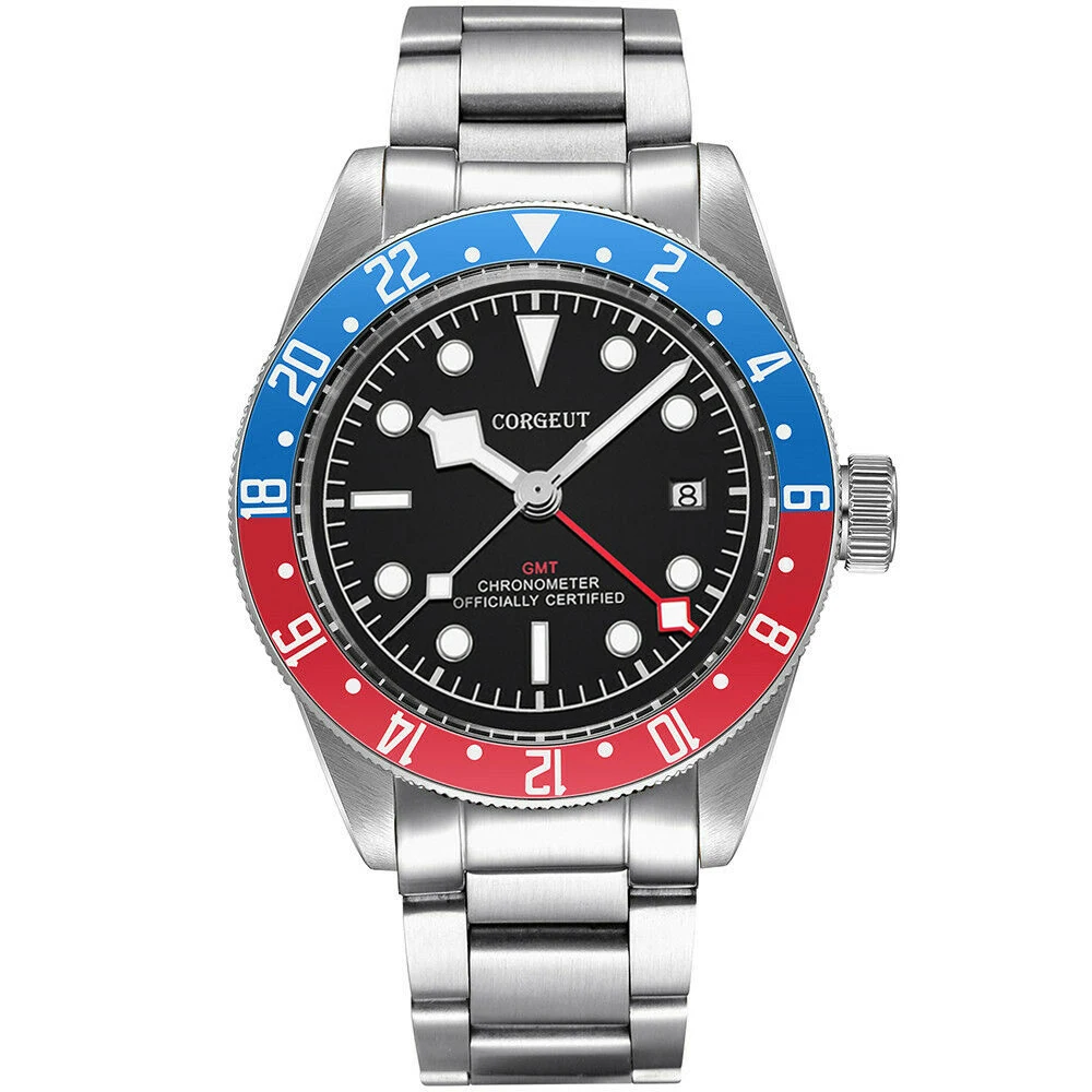 

Corgeut 41mm Black Dial Steel Band Mechanical Sapphire Glass GMT Automatic Calendar Men's Watch Luminous