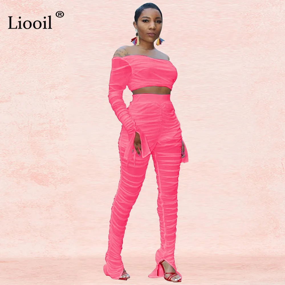 Розовый Liooil с открытыми плечами, сеточка, набор с рюшами из двух частей, женские Клубные наряды, неоновая Расширенная книзу блуза с открытой спиной, сексуальный топ и брюки-карандаш - Цвет: Розовый