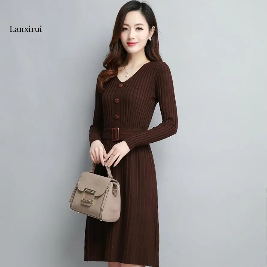 

Women Spring Autumn V Neck Knit Dress Button Solid Color Sashes Casual A-line Warm Dresses