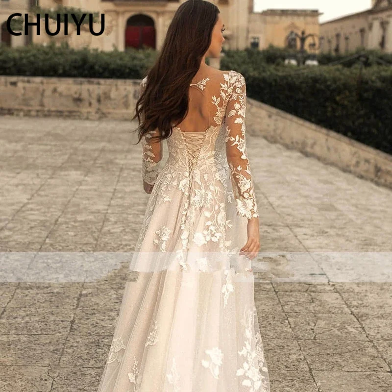 Lace Applique Glitter Tulle Wedding Dress Long Sleeved Scoop Neck Vintage A Line Bridal Gown Lace-up Open Back Elegant Ivory | Свадьбы и