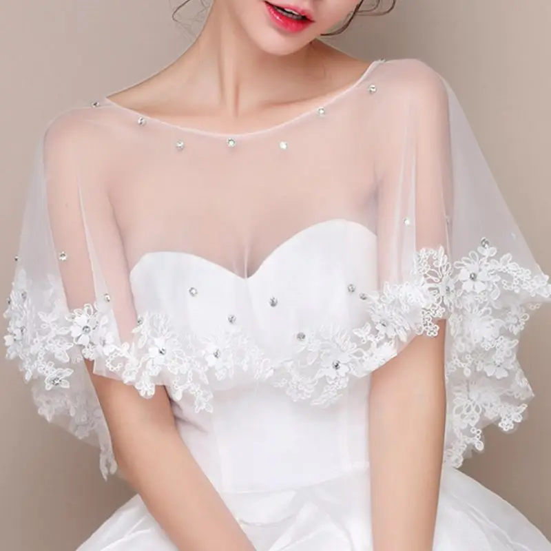 

Bridal Embroidered Floral Lace Wavy Bolero Short Cape Glitter Rhinestone Beaded Sheer Tulle Wedding Shawl Wrap Cover Up