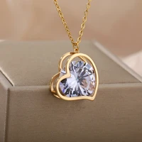 hollow out heart necklaces for women double layer stainless steel vintage zircon crystal heart loverly choker pendant neckalce