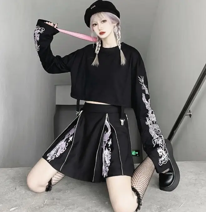 Ruibbit женские черные Harajuku с узором в виде дракона вышивкой стиле ретро Удобная