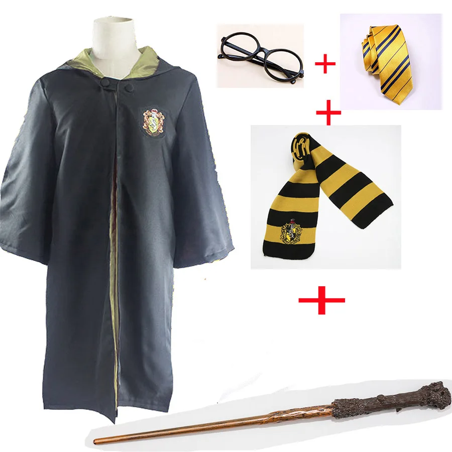 Гарри Поттер Мантия волшебника плащ с галстуком шарф палочка очки Ravenclaw Гриффиндор Hufflepuff Слизерин Поттер Гермиона халат подарок на Хэллоуин - Цвет: Hufflepuff set