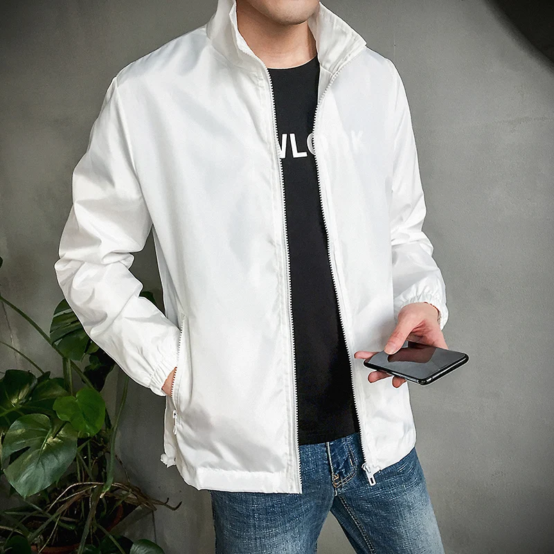 

2020 Autumn Men Jackets Stand Collar Solid Polyester Outerwear Coat Zipper Pockets Plus Size Clothing Casual Windbreakers White