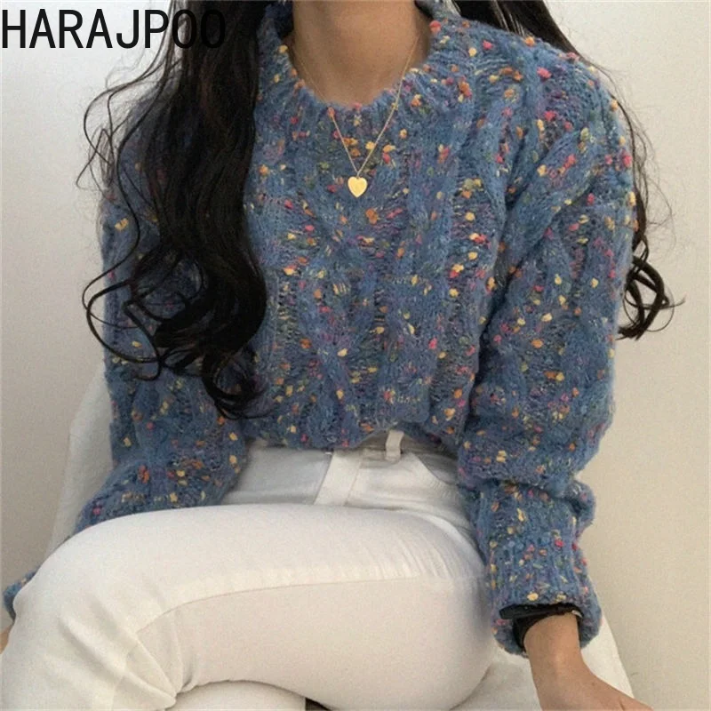 

Женский вязаный пуловер Harajpoo контрастных цветов с круглым вырезом, Новинка осени 2021, свободный модный свитер с длинным рукавом и принтом в г...