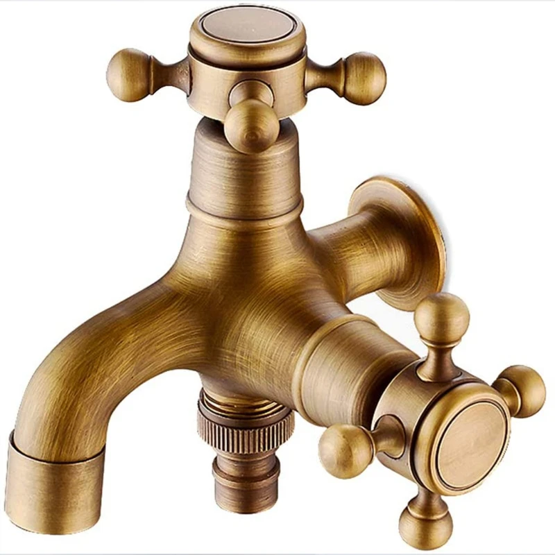 

H7JB Antique Brass Cross Handle Wall Mounted Tap Double Connection Double Handles Single Cold Simple Installation Garden