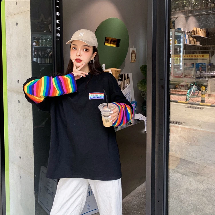 Harajuku футболка женская осенняя одежда корейский стиль полосатый лоскутный рукав футболки женские повседневные футболки Топ