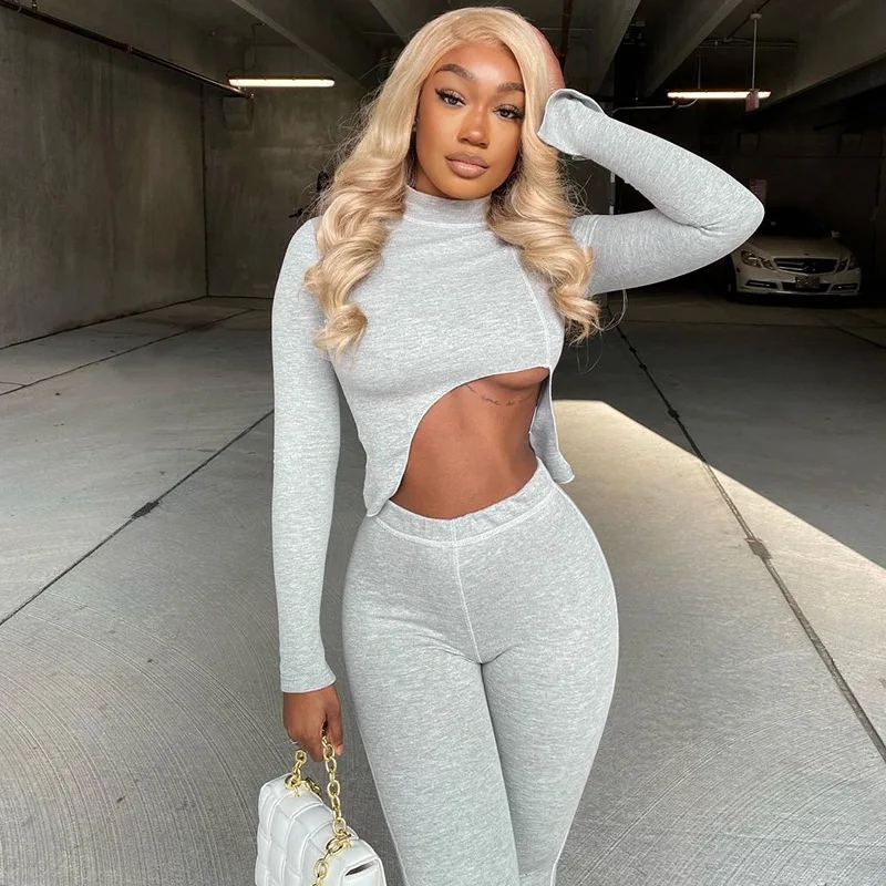 

DSMTRC Long Sleeve Crop Top Pants Suits Matching Sets 2021 Winter 2 Two Piece Sets Tracksuit Gray Sweatsuits For Women Outfits