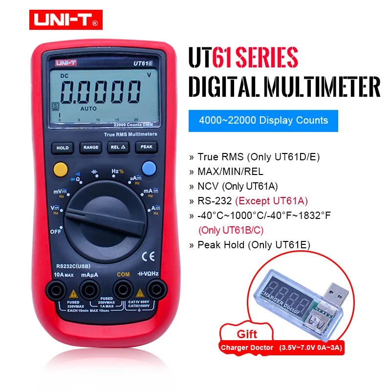 

Цифровой мультиметр UNI-T UT61E, истинное среднеквадратичное значение, Автоматический диапазон UT61A/B/C/D, Измеритель постоянного и переменного тока, измеритель сохранения данных, мультиметр + USB монитор напряжения и тока