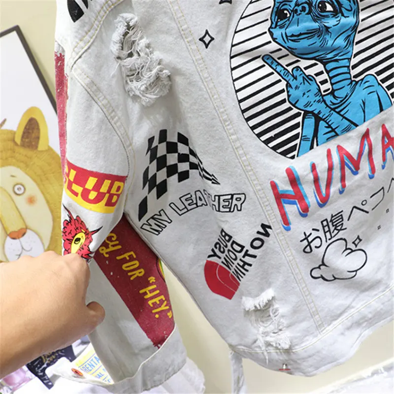 

Hip Hop Fashion Letter Cartoons Print Denim Jacket women Loose Casual Jeans Coat Streetwear Spring Long sleeve Jackets Female