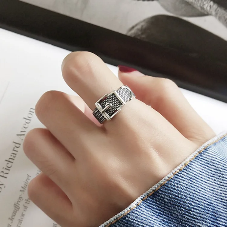 

Personality Vintage 925 Sterling Silver Belt Rings For Women Punk Thai Silver Resizable Size Finger Rings