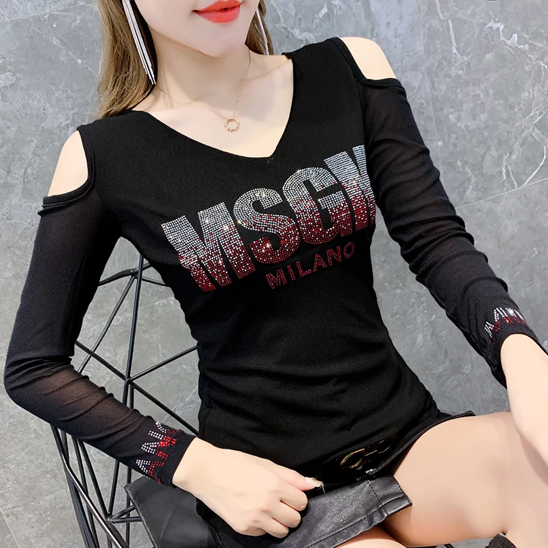 Black tshirt Сексуальная Корейская футболка с открытыми плечами, украшенная бриллиантами и буквами, сетчатая Новинка, осенне-зимний женский топ, рубашка, одежда, Camiseta Mujer T98804 - Цвет: Black tshirt