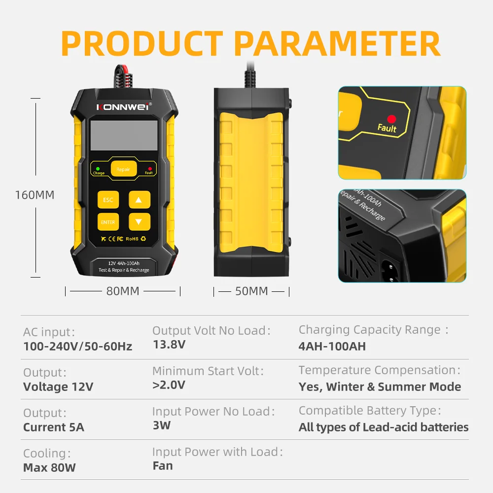 

KONNWEI KW510 12V Car Battery Charging Battery Tester Repairing Tool 3 In 1 Lead Acid Battery Data Diagnostic Analysis Tool