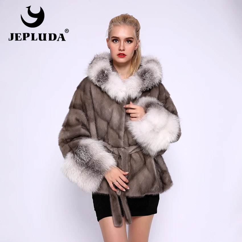 JEPLUDA Стильная Шуба Натуральный Мех Норка с Капюшоном Лисица Отделка Летучей Мыши