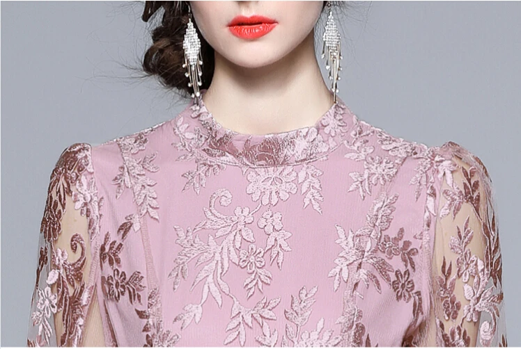 Платье SMTHMA из новой коллекции модной одежды с вышивкой на сетке для женщин с воротником стойкой, рукавами "летучая мышь", высокой талией и поясом на средней длине.