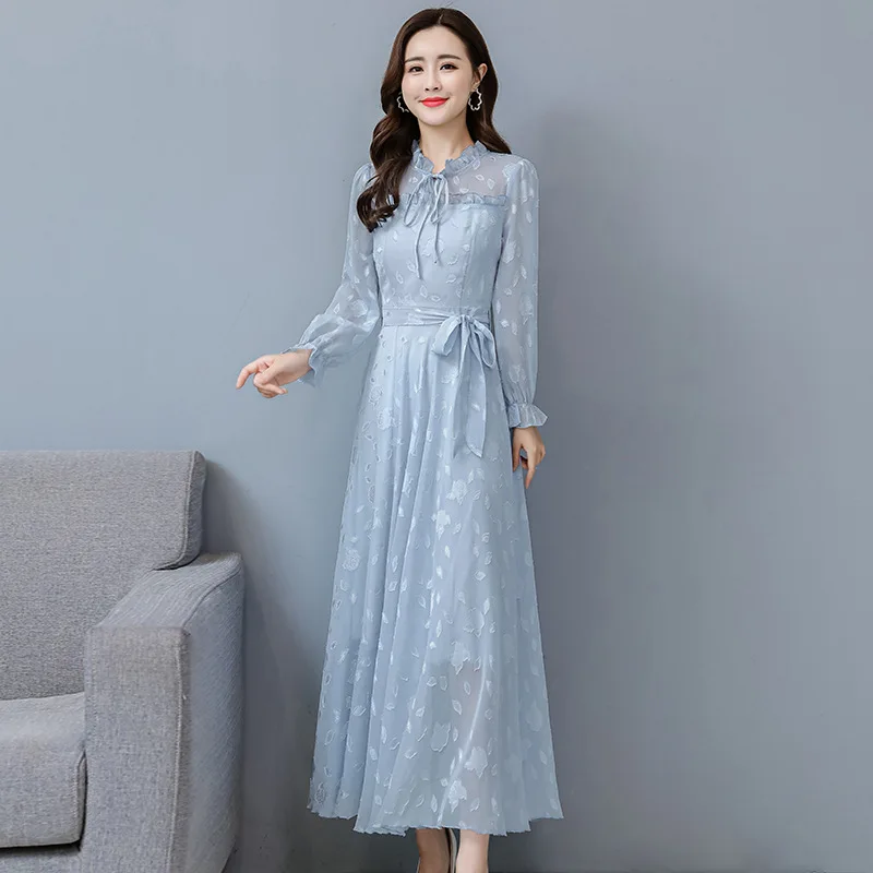 

Korean version of large-size lotus leaf collar long-sleeved jacquifier chiffon dress temperament big swing long dress girl