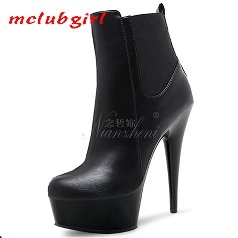 

Mclubgirl 15cm Heels Solid Round Head and Cool Casual Low Barrel Belt Buckle Ultra-high Thin Heel Leather Stitched Boots LYP