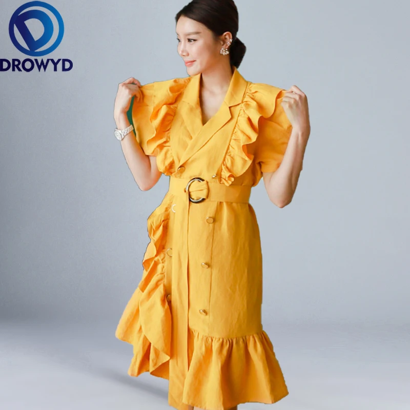 

Women Sexy Mini Dress Summer Fashion Yellow Ruffles V-neck Bubble Sleeves Split Boho Casual Slim Beautiful Party Dresses Vestido