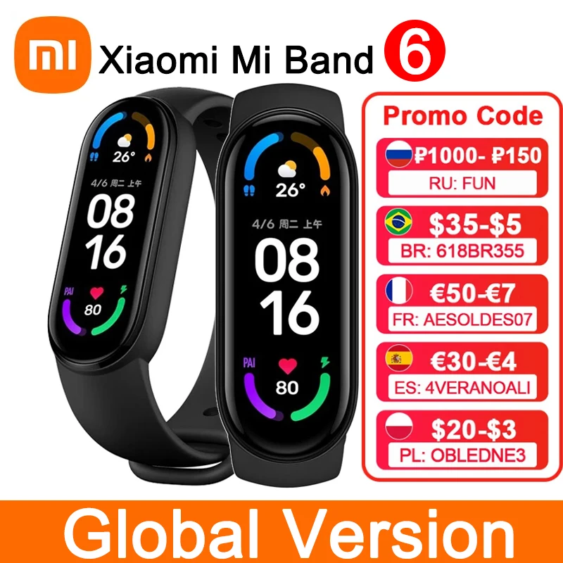 Оригинальный Xiaomi Mi Band 6 глобальная Версия смарт браслет 5 цветов AMOLED экран MiBand