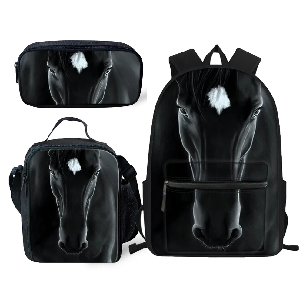 

HYCOOL Student School Bags 3PCS Sets Black Horse Print Children Backpack Girls Boys Book Bag Food Pouch Pencil Bag Schoolbags
