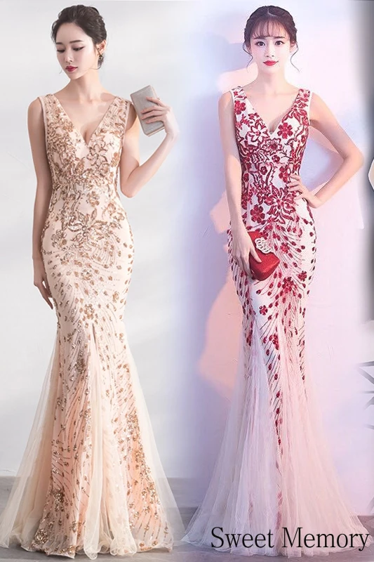 

U037 2021 Women Dress Sweet Memory Summer Embroidery Pattern V-neck Floor-length Beige Black Red Mermaid Party Evening Dresses