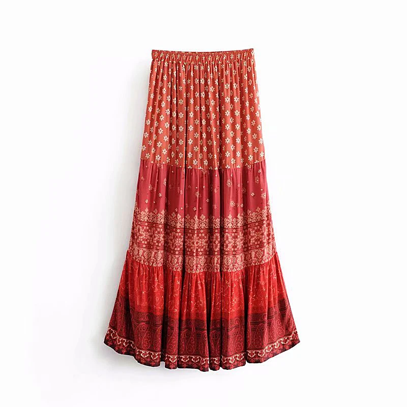 Boho шикарная летняя винтажная плиссированная юбка макси с цветочным принтом женская мода эластичный лоскутный пояс пляжные женские юбки mujer