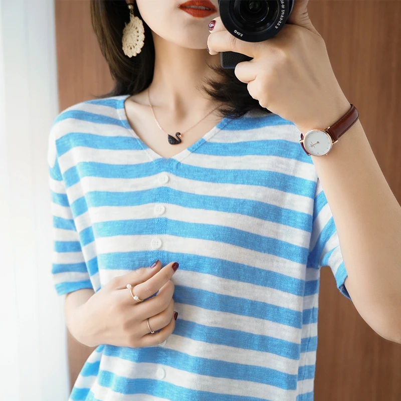 

2021 Spring And Summer New Cotton Short-Sleeved T-Shirt Women's Knitted Striped V-Neck Korean Version of Wild Loose Casual
