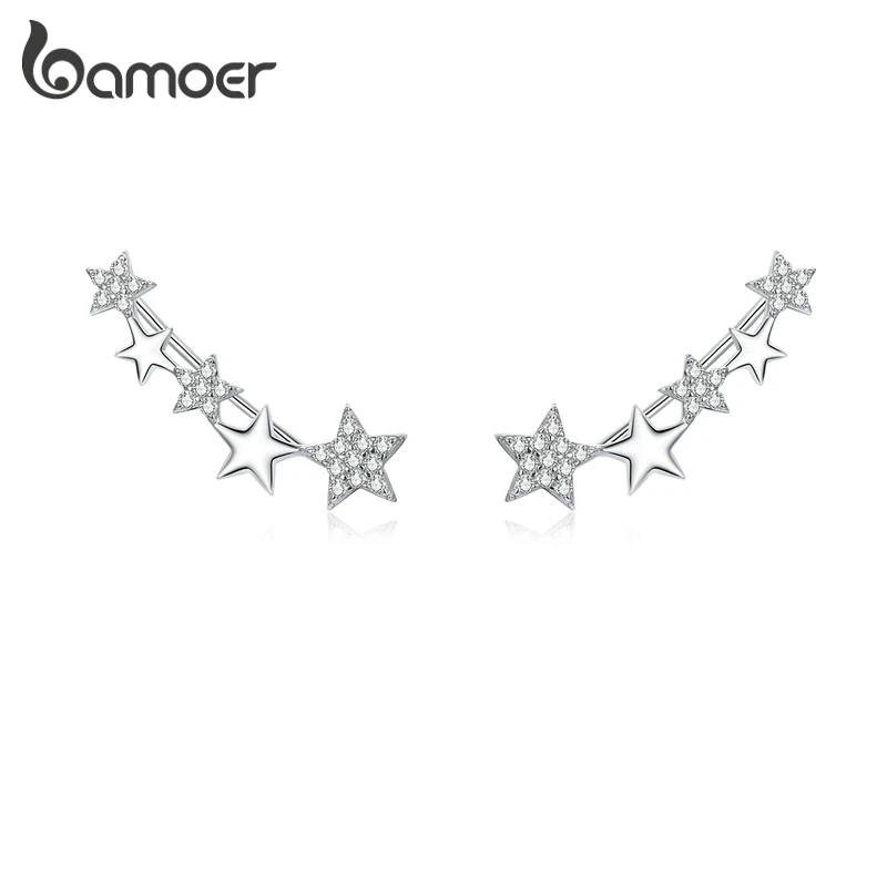 

bamoer Shining Star Long Stud Earrings for Women 925 Sterling Silver Zirconia Statement Jewelry Boucles Brincos Bijoux BSE351
