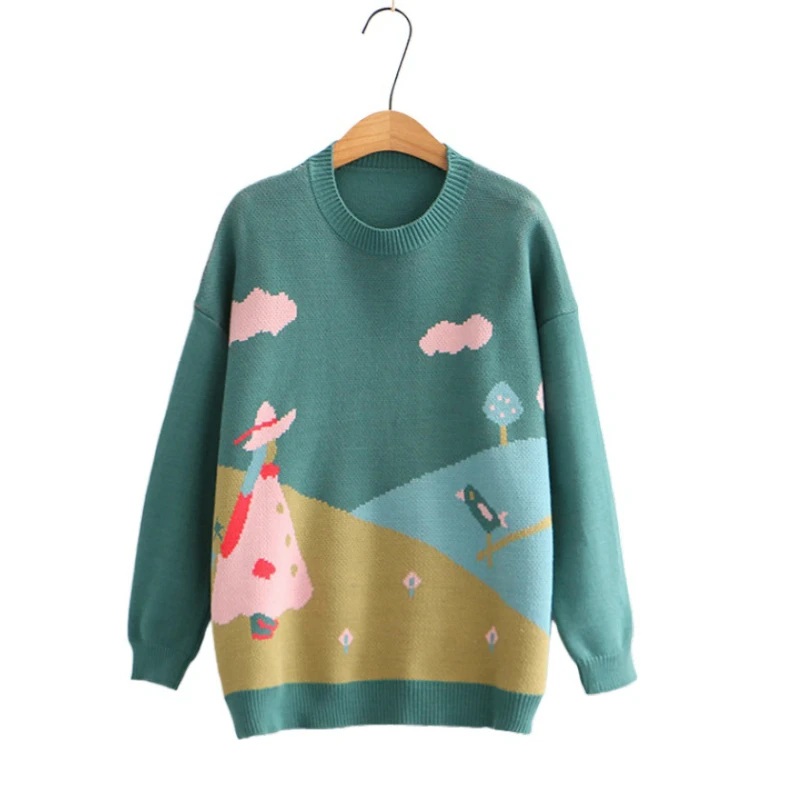 

Японский свитер с зеленой вышивкой, повседневный вязаный пуловер для женщин 2020, осенне-зимние милые стильные женские свитера с длинным рука...