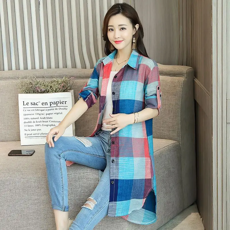 Блузка женская однобортная в клетку Повседневная Свободная винтажная рубашка