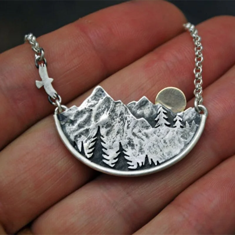 Adventure Awaits Mountain Landscape Necklace | Gold Sun, Flying Bird, and Pine Trees Pendant Necklaces for Women | Fashion Jewelry image 4