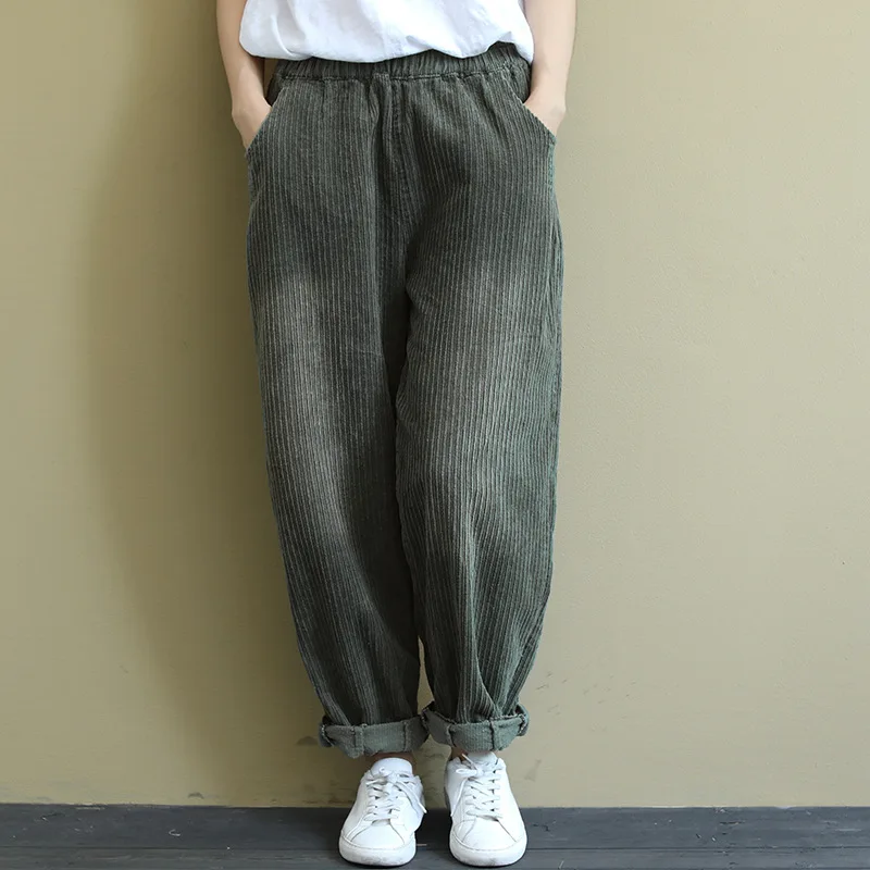 Autumn Winter Pants Women Retro Loose Corduroy Trousers Werainyee 2019 New Ladies Elastic Waist Casual pocket All-match | Женская одежда