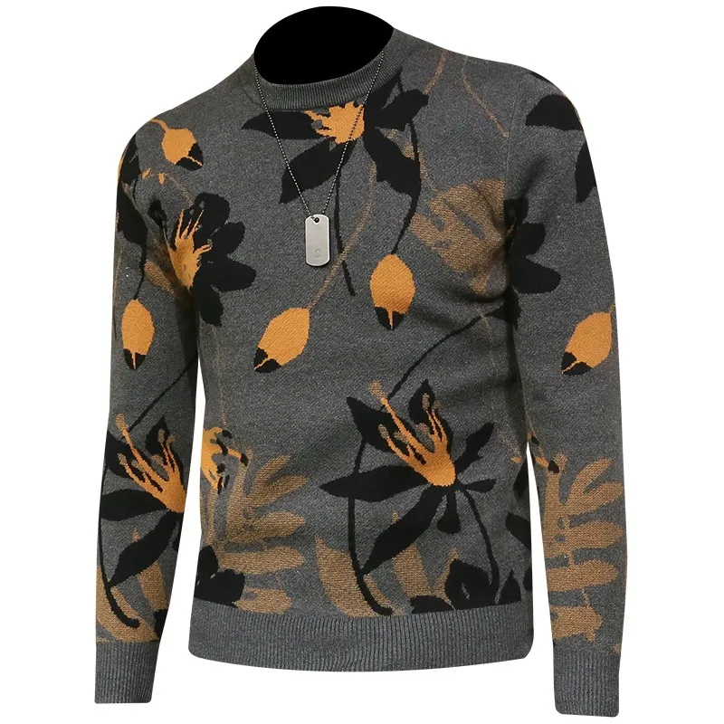 

Men Autumn Winter Pullover Round Collar Print Long-Sleeve Wool Knitting Sweater Fashion Casual Korean Style Male Tops Streetwear