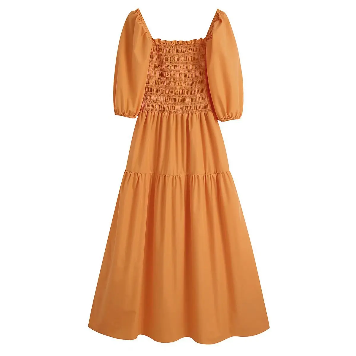 

Pinkou Women Fashion Backless Orange Dress Square Collar Stretchy Body Back Bow Tie Short Sleeve Beach Style Maxi Dresses QA795