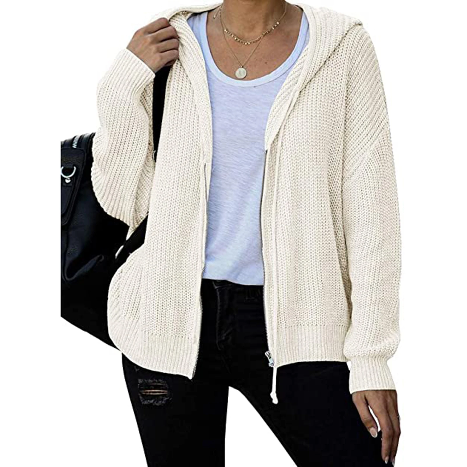 

Women Loose Hooded Sweater Adults Solid Color Long Sleeve Zipper Cardigan with Drawstring