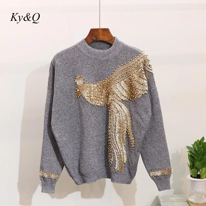 Runway Brand 2019 Women Sequined Beaded Phoenix O-neck Fashion Streetwear Sweater Pullover 2 Pieces Winter Christmas Luxury Chic | Женская