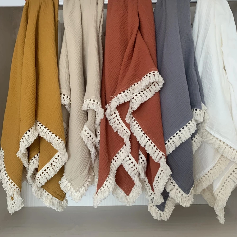 

Cotton Muslin Baby Blankets Newborn Swaddle Wrap Blanket Tassel Cotton Baby Receiving Blanket Infant Sleeping Quilt Bed Cover