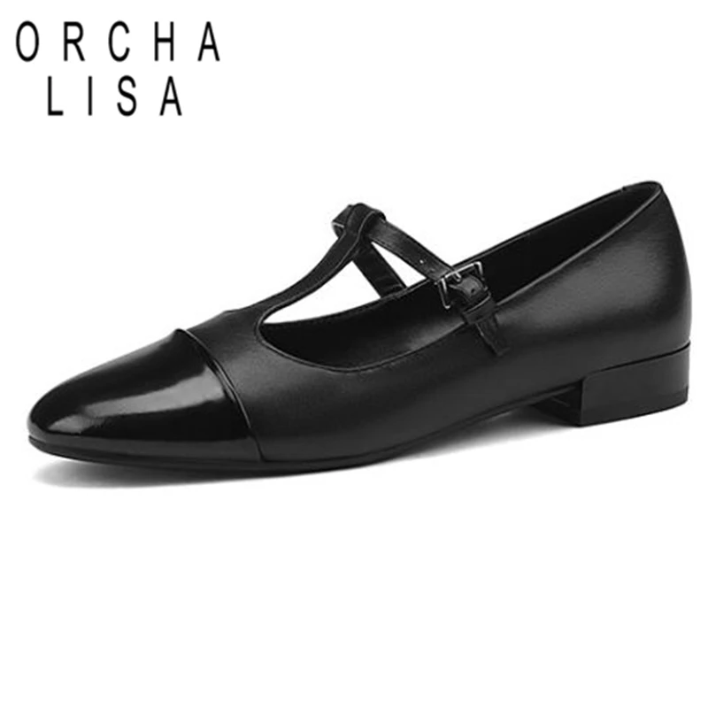 

ORCHALISA Full Grain Leather Buckle Strap New Style Pumps Lady Round Toe Low Heel Size 33-40 Mix Color Black Yellow Spring S2810