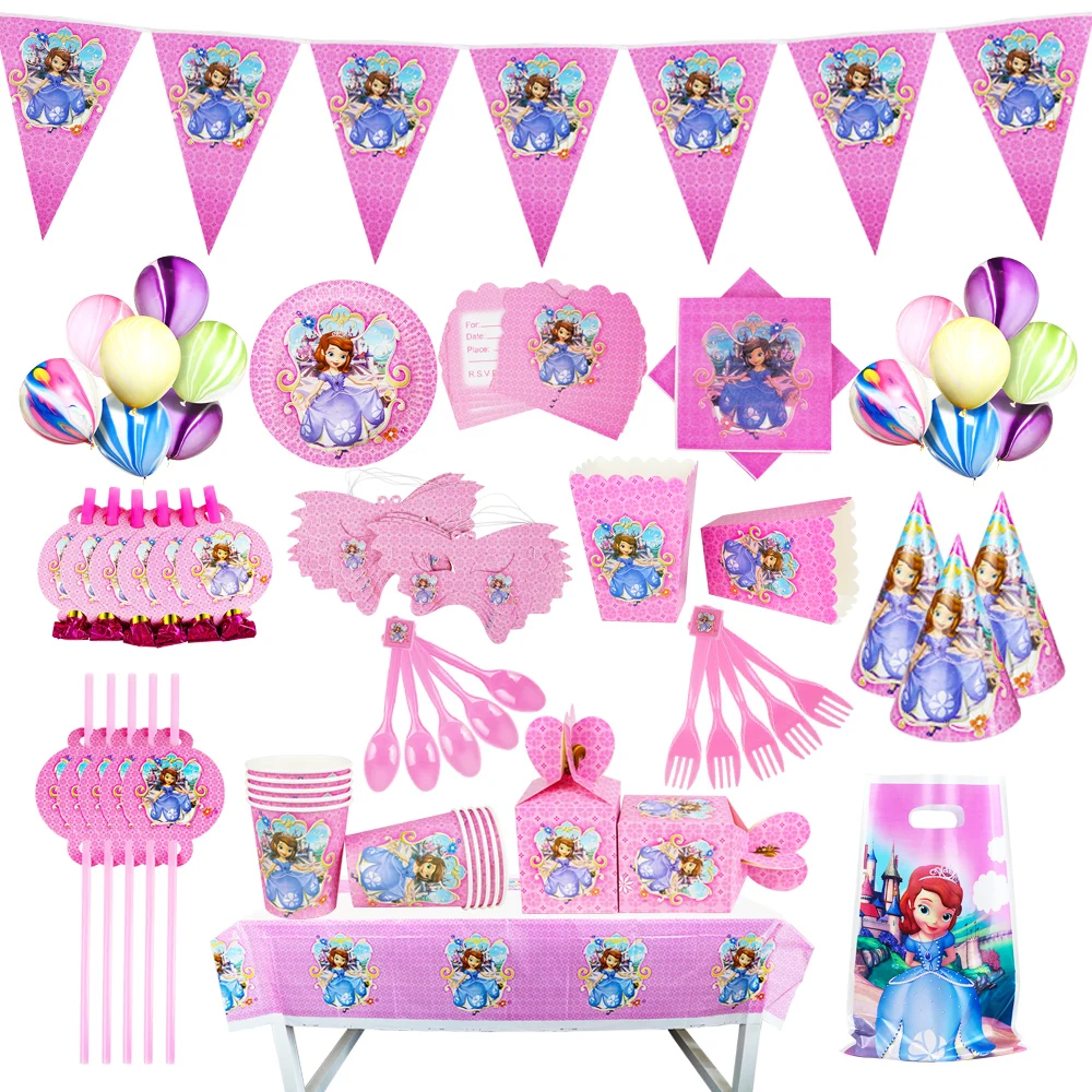 

Disney Sofia Princess Birthday Hat Party Event Decorations Girls Plates Cup Disposable Tableware Set Baby Shower Supplies